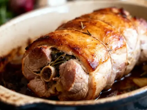 Paupiette de porc dorée et savoureuse, farcie d'herbes et cuite au four dans un plat en céramique.