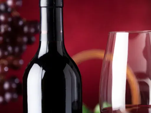 Bouteille de vin rouge connu, verre à vin et grappe de raisins sur fond rouge.