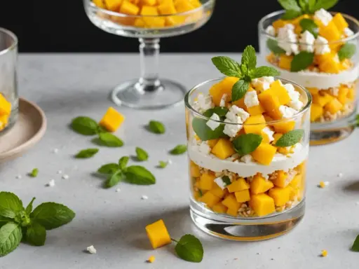 Verrine mangue salée : dés de mangue fraîche, fromage blanc crémeux, éclats de noix et feuilles de menthe, une explosion de saveurs.