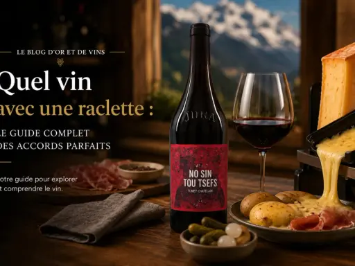 Un vin rouge Jura accompagne une raclette fondante, des pommes de terre et de la charcuterie. Le guide parfait pour les accords mets et vins.