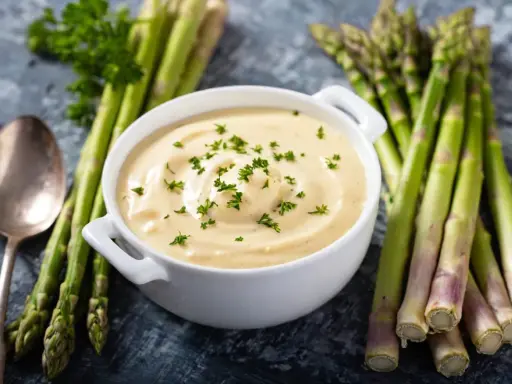 Un bol de sauce mousseline onctueuse, garni de persil frais, est présenté avec des asperges vertes et une cuillère.