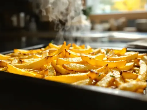 Une plaque de frites au four dorées et fumantes, prêtes à être dégustées.