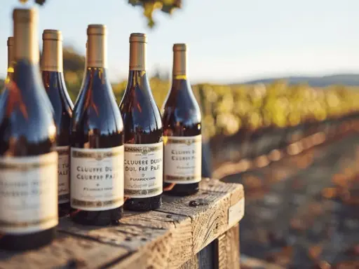 Bouteilles de vin sur une table en bois, avec un vignoble en arrière-plan. Le soleil couchant illumine ce qui pourrait être le meilleur Châteauneuf-du-Pape.