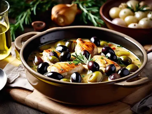 Un plat de poulet aux olives, garni de romarin frais, baignant dans une sauce onctueuse. Des oignons perlés et de l'huile d'olive complètent cette scène culinaire appétissante.