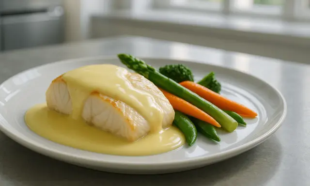 Filet de poisson nappé d'une onctueuse sauce beurre blanc, accompagné de légumes verts et de carottes.