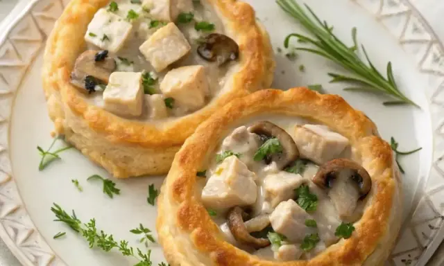 Deux vol-au-vent poulet crémeux, garnis de morceaux de poulet, de champignons et de persil frais, sur une assiette décorée.