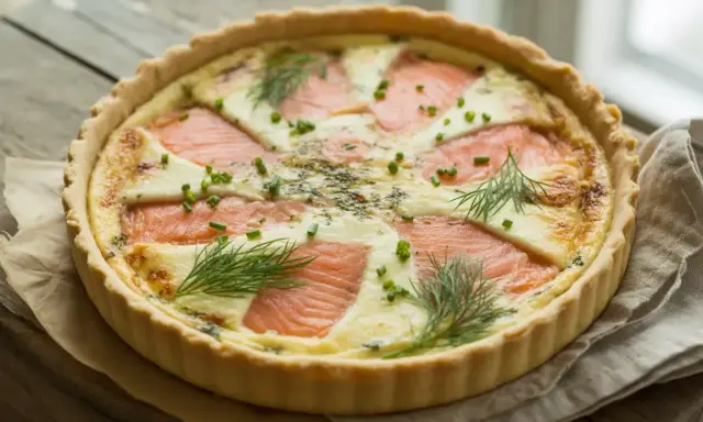 Une délicieuse quiche au saumon, garnie d'aneth frais et de ciboulette, prête à être dégustée.