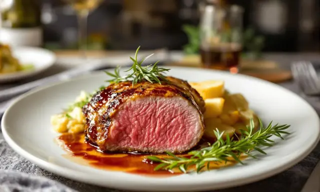 Un succulent magret de canard, coupé en tranches rosées, nappé d'une sauce brune et servi avec des pommes de terre et du romarin.