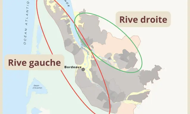 Carte des vignobles de Bordeaux, délimitant la rive gauche (rouge) et la rive droite (verte), avec l'océan Atlantique et le bassin d'Arcachon.