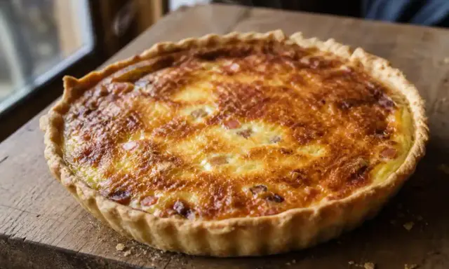 Une quiche lorraine dorée et appétissante, prête à être dégustée. Parfaite pour une recette facile et savoureuse.