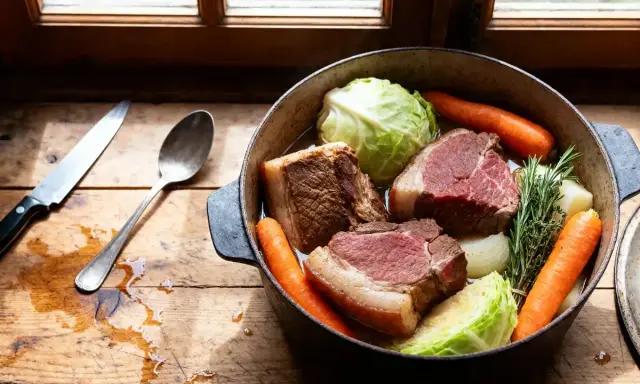 Un plat mijoté de potee au chou, avec des morceaux de bœuf, des carottes, du chou et des herbes, prêt à être cuit.