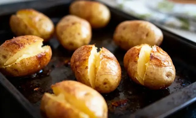 Plusieurs pommes de terre au four, dorées et fendues, sur une plaque de cuisson.