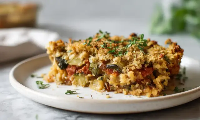 Tranche de crumble de légumes, dorée et croustillante, garnie de thym frais. Un délice végétarien réconfortant.