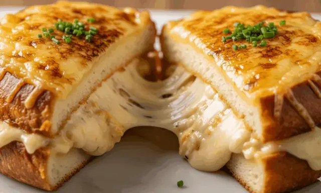 Un fromage croque monsieur dégoulinant, garni de ciboulette fraîche. Le fromage fondu s'étire entre les deux moitiés du sandwich grillé.