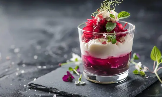 Verrines betteraves boursin vinaigre balsamique miel, une création culinaire aux couches vibrantes et garniture délicate.