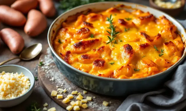 Un délicieux gratin patate douce doré et gratiné, garni de romarin frais. Des patates douces crues et du fromage râpé sont disposés autour.
