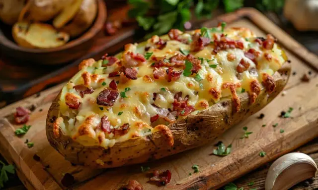 Pomme de terre farcie au fromage fondant et lardons croustillants, garnie de persil frais. Un délice réconfortant.