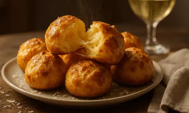 Gougeres au fromage chauds et filants, prêts à être dégustés avec un verre de vin blanc.