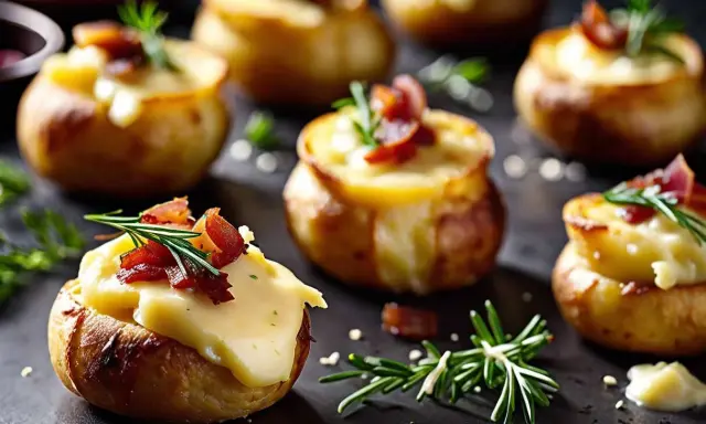Mini pommes de terre farcies au fromage fondant, garnies de lardons croustillants et de romarin. Parfaites pour des recettes de mini cocottes entrées.