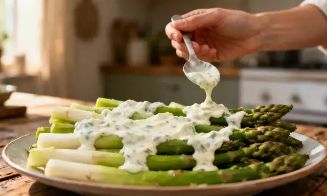 Une cuillère verse une sauce crémeuse sur un plat d'asperges chaudes, vertes et blanches.