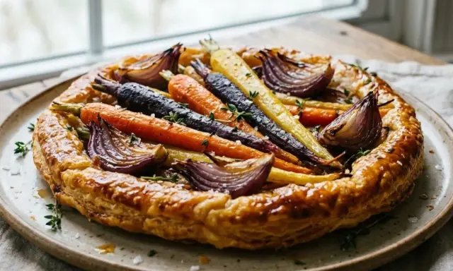 Tarte rustique aux carottes multicolores, oignons rouges rôtis et touche de moutarde, garnie de thym frais.