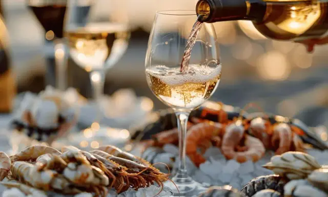 Un verre de vin blanc est versé sur un plateau de fruits de mer frais. Le meilleur vin blanc pour fruits de mer, une combinaison parfaite pour un repas d'été.