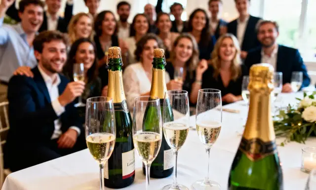Des bouteilles de champagne et des verres remplis pour célébrer. Combien de bouteille de champagne pour 50 personnes ? Une belle fête en perspective !