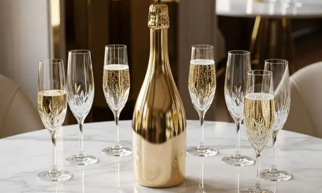 Une bouteille de champagne dorée est entourée de flûtes remplies de bulles. Combien de coupe dans une bouteille de champagne ? La fête commence !