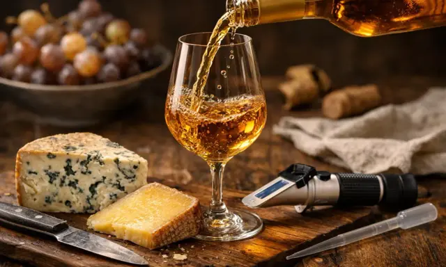 Verre de vin blanc sucré versé, accompagné de fromages bleus et affinés, de raisins et d'un réfractomètre.