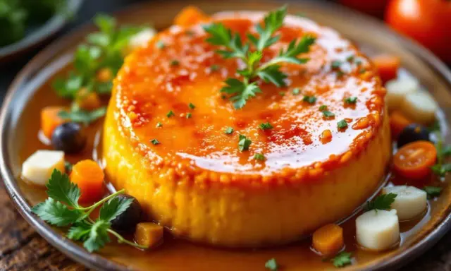 Un appétissant flan de légumes, nappé d'une sauce orangée et garni de persil frais, de carottes, de tomates cerises et d'olives.