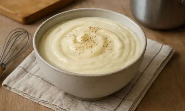 Un bol de béchamel sans beurre, onctueuse et saupoudrée de poivre, prête à être utilisée. Un fouet et une planche à découper sont visibles.