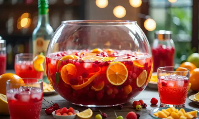 Un grand bol de punch fruité rouge avec des tranches d'orange et des baies, parfait pour une recette punch simple.