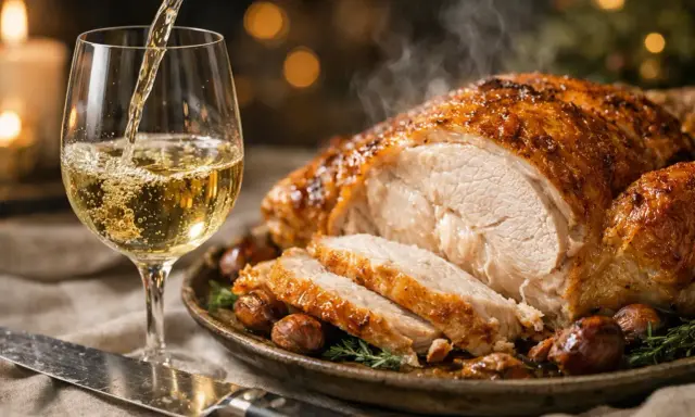 Un chapon rôti, tranché et fumant, servi avec des marrons. Un verre de vin blanc est versé, parfait pour accompagner ce plat festif. Quel vin avec du chapon ?