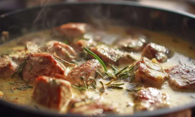 Délicieux sauté de porc mijotant dans une sauce crémeuse, parfumé au romarin. La vapeur s'échappe doucement de la poêle.