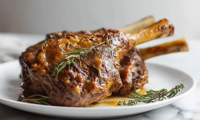 Trois souris d'agneau braisées, nappées d'une sauce dorée et garnies de romarin frais, sur une assiette blanche.