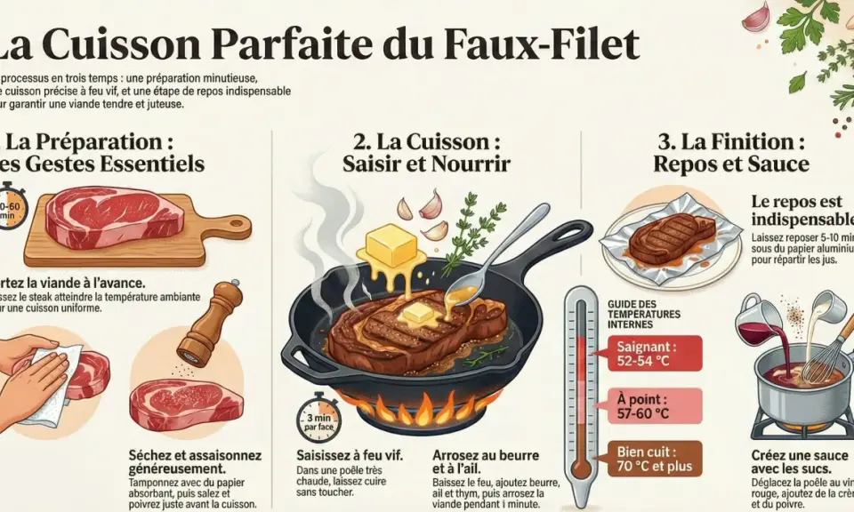 Illustration montrant les étapes pour une cuisson parfaite du faux-filet : préparation, saisie à feu vif, arrosage au beurre et à l'ail, puis repos et sauce.