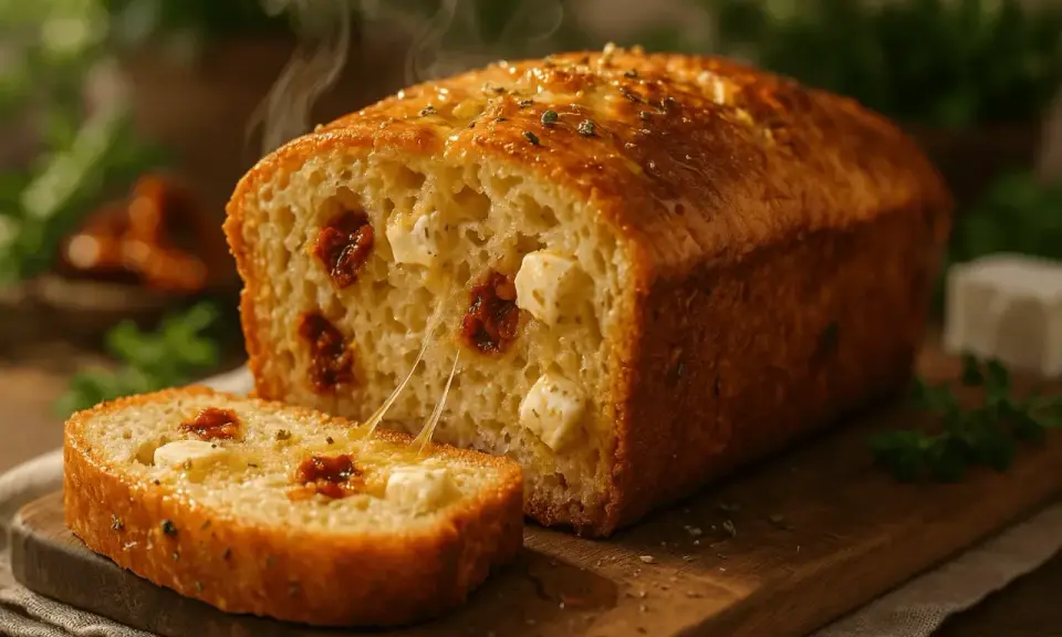Un pain moelleux aux tomates séchées et feta, encore chaud, avec une tranche coupée révélant ses trésors fondants.
