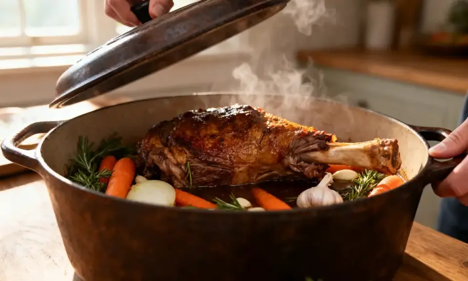 Gigot d'agneau rôti, prêt pour une recette agneau pascal, avec carottes, oignons et ail dans une cocotte fumante.