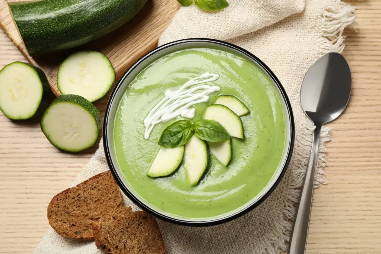 Un bol de velout&eacute; de courgettes cr&eacute;meux, garni de fines tranches de courgette, de basilic frais et d'un filet de cr&egrave;me. Des courgettes fra&icirc;ches et du pain complet sont dispos&eacute;s &agrave; c&ocirc;t&eacute;.