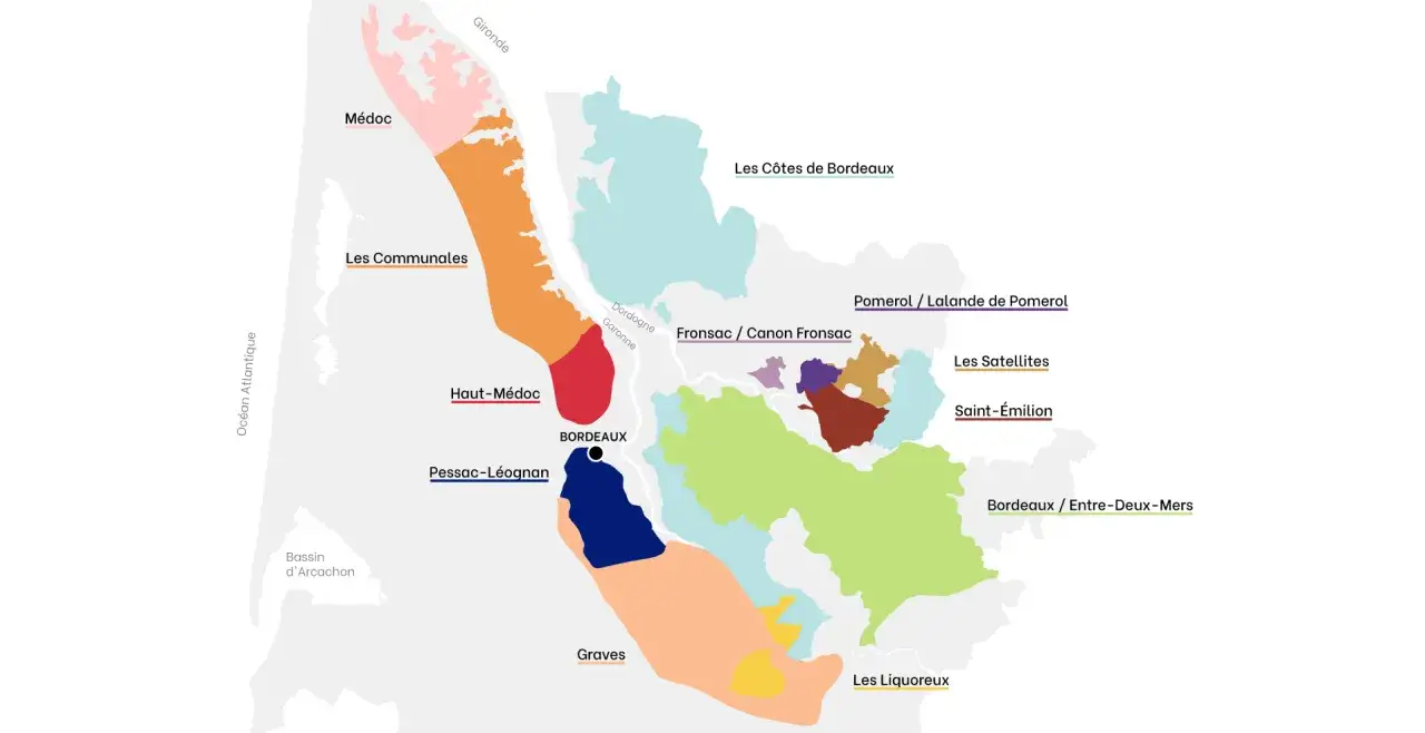 Carte des vignobles de Bordeaux. La rive gauche, avec le Médoc, Haut-Médoc, Pessac-Léognan et Graves, est représentée en orange, rouge et bleu.