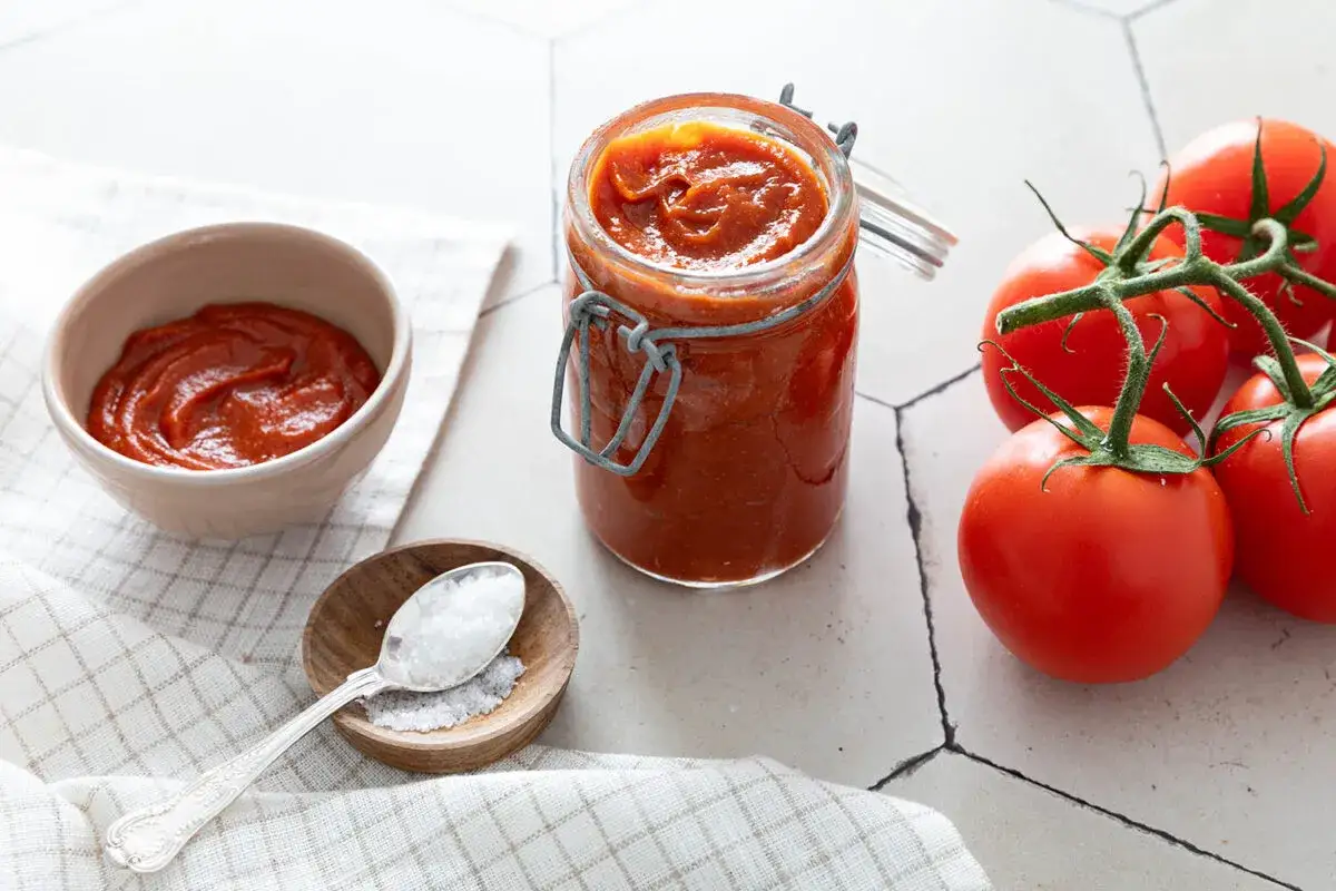 Un pot de coulis de tomates maison, des tomates fraîches et une cuillère de sel, prêts pour une recette savoureuse.
