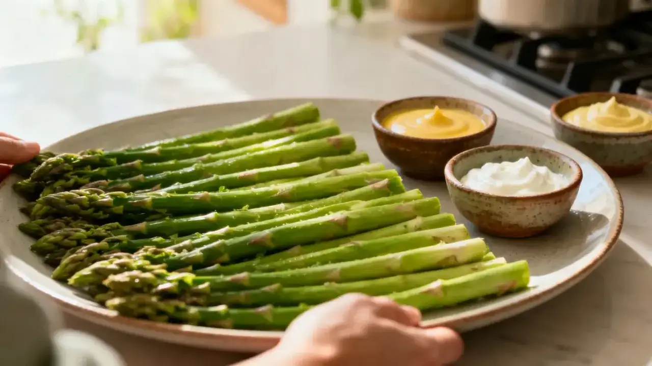 Asperges vertes chaudes sur une assiette, accompagn&eacute;es de trois sauces : une sauce blanche et deux sauces jaunes.