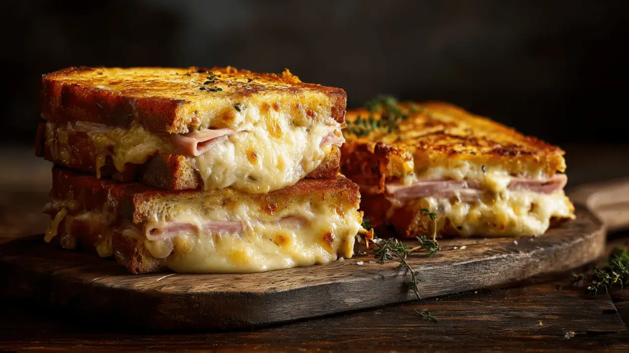 Deux croque monsieur bechamel empil&eacute;s, le fromage fondant coule sur le pain grill&eacute;. Un autre est &agrave; c&ocirc;t&eacute;, garni de thym.