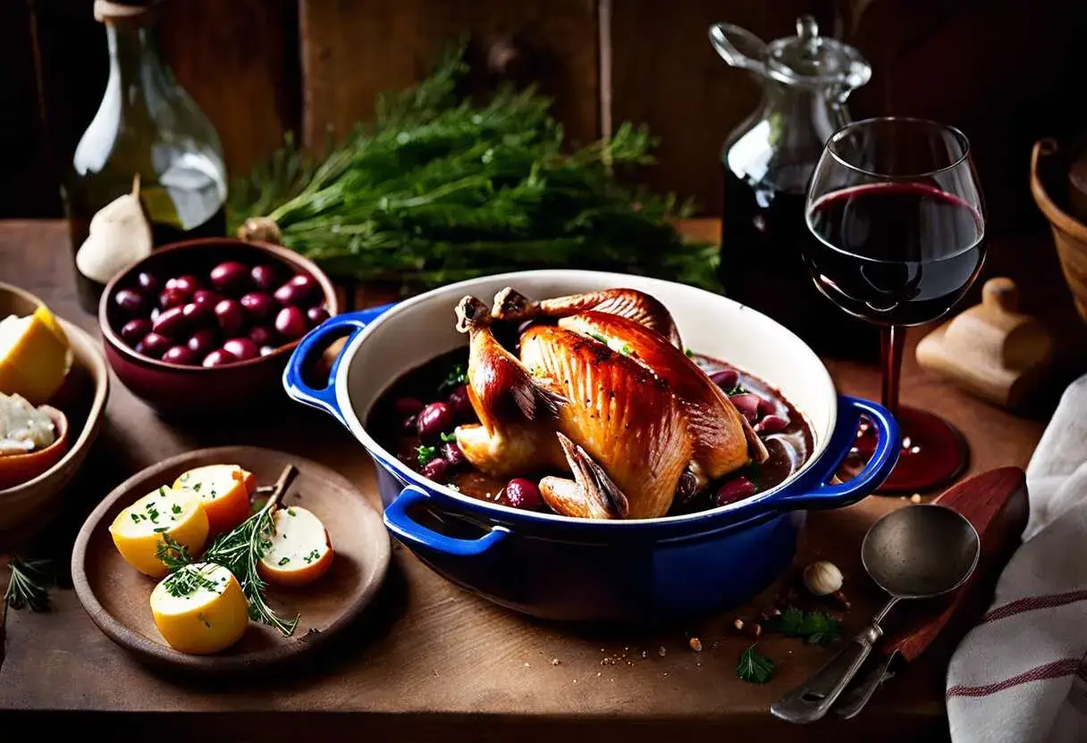 Un plat de coq au vin mijoté, servi avec des olives, des quartiers de citron et un verre de vin rouge.