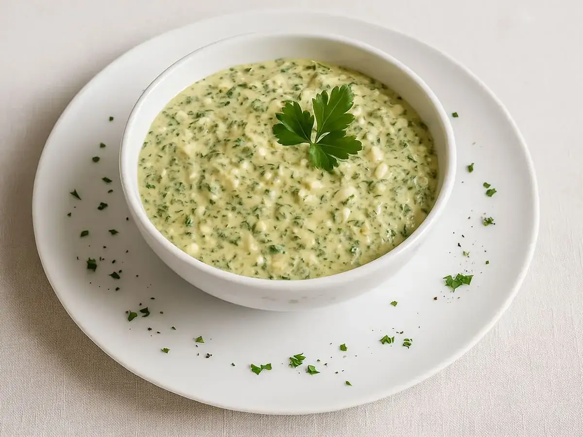 Un bol de sauce gribiche cr&eacute;meuse, parsem&eacute;e de persil frais et garnie d'une feuille de persil.