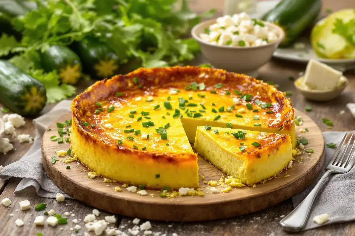 Un app&eacute;tissant flan de courgettes, dor&eacute; et garni de ciboulette, est pr&ecirc;t &agrave; &ecirc;tre d&eacute;gust&eacute;. Des courgettes fra&icirc;ches et du fromage &eacute;miett&eacute; l'accompagnent.