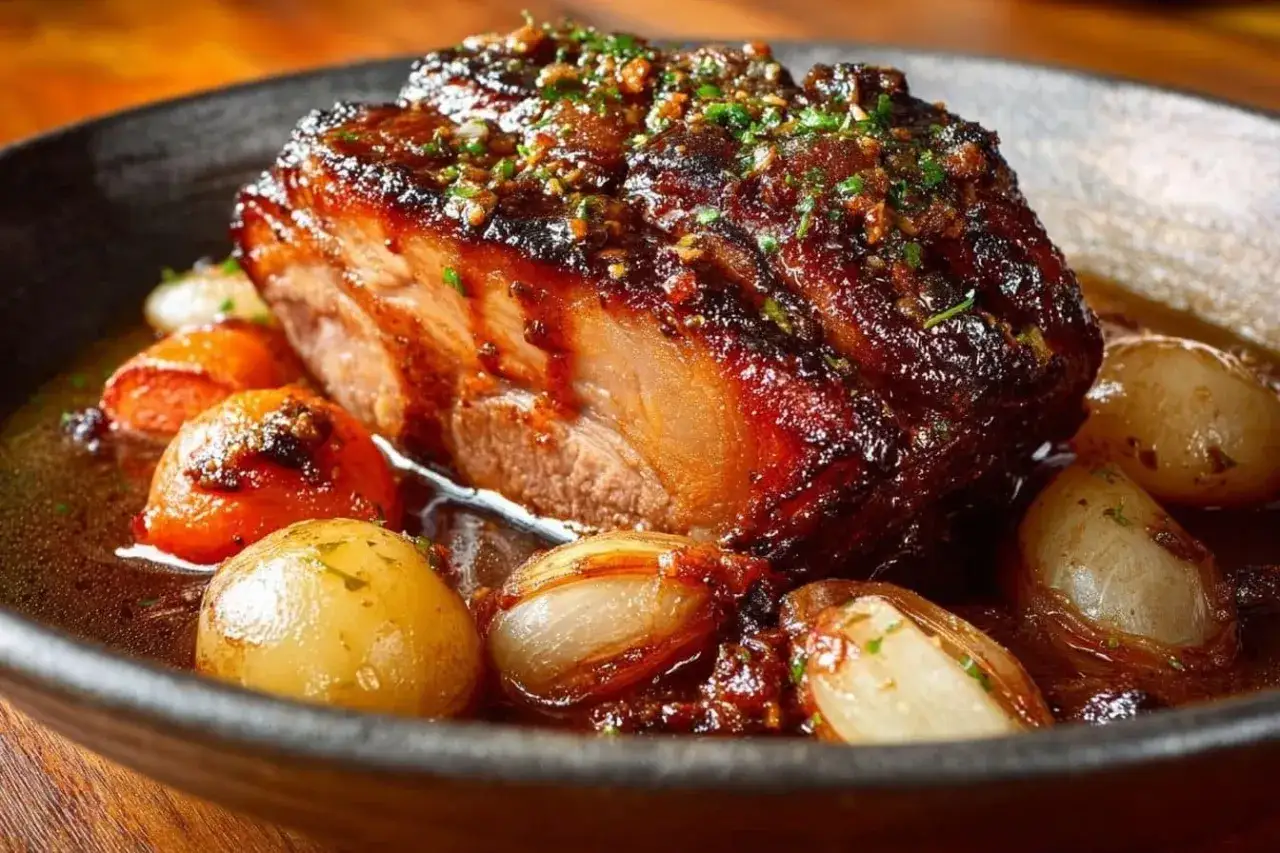 Rouelle de porc caramélisée, servie avec des oignons grelots et des tomates confites dans une sauce savoureuse.