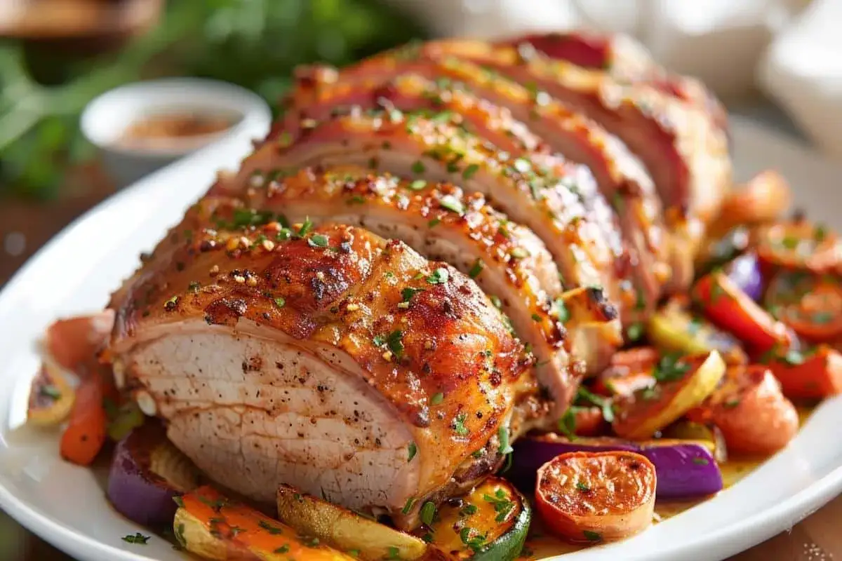Rôti de porc tranché, doré et garni d'herbes, servi avec des légumes rôtis sur un plat blanc.