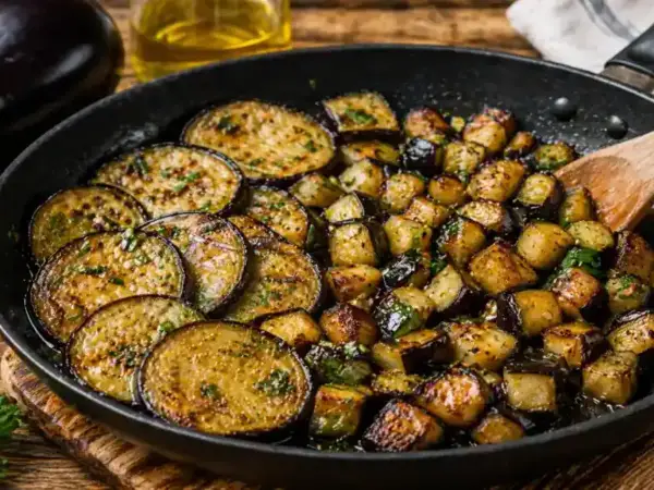 Aubergines au four, coupées en rondelles et en dés, dorées et parsemées d'herbes, dans une poêle. Un délice simple et savoureux.