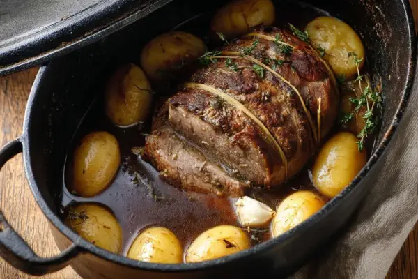 Un rôti de quasi de veau, lié à la ficelle, mijote dans un jus savoureux avec des pommes de terre et de l'ail.